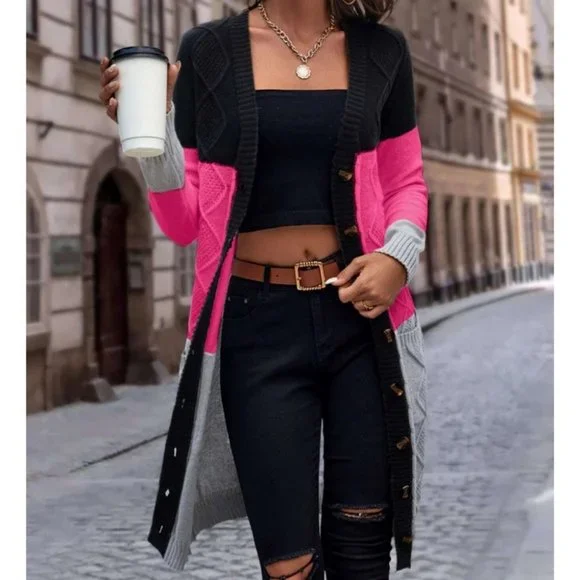 striped multi color  button down Long Knit sweater Cardigan - Picture 2 of 6